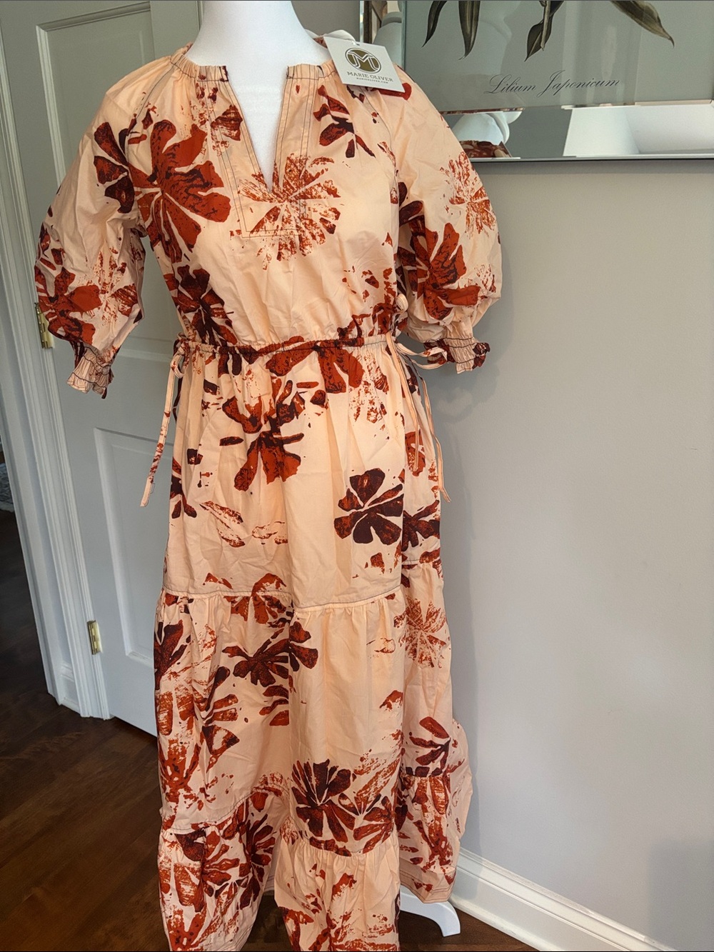 Marie Oliver Peach Maxi Dress with Rust Floral Print